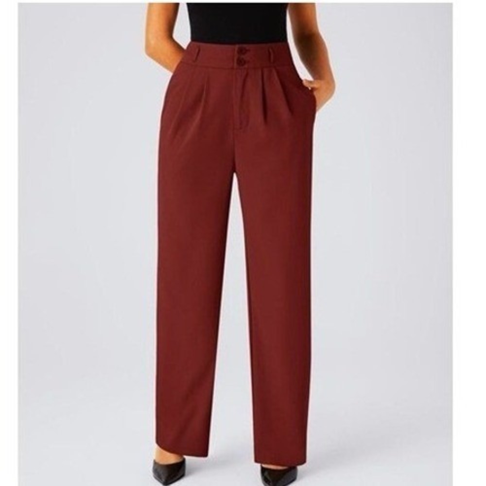 Halara Women's High Waisted Shirred Straight Leg Dress Work Pants Red XL New